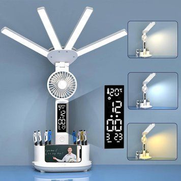 Аккумуляторная LED лампа / Настольная лампа 3в1 с аккумулятором 3200мАч и USB-дисплеем / Аккумуляторная LED лампа-органайзер с вентилятором и часами M17669 фото